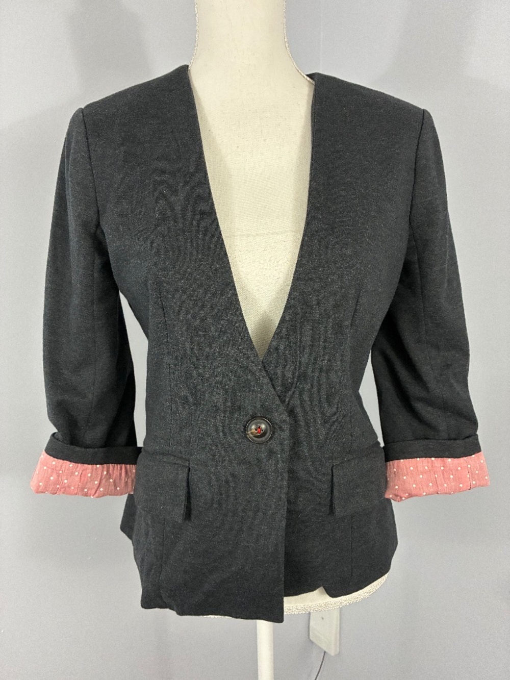 Cartonnier Anthropologie Blazer M Charcoal Gray Collarless Contrast Lining Cuff